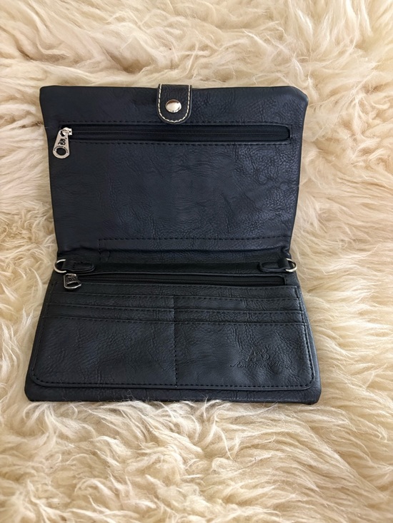 Embroidered Black Leather Foldover Wallet Clutch with Multicolor Accents - Picture 4 of 7